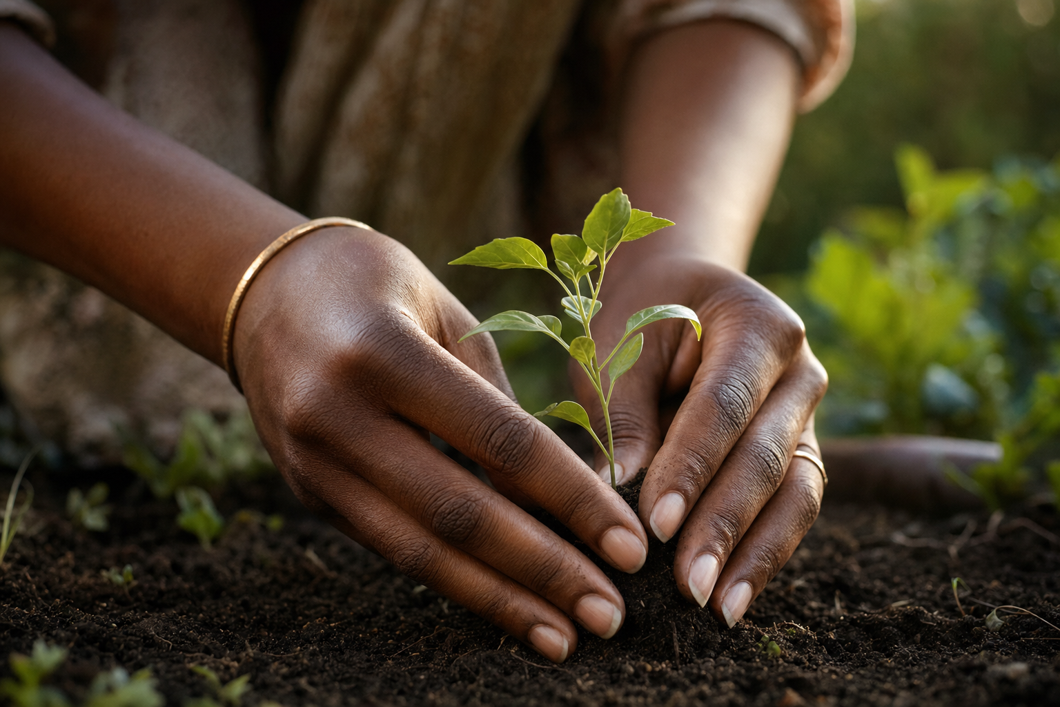 Hands gently pressing a seedling into garden soil