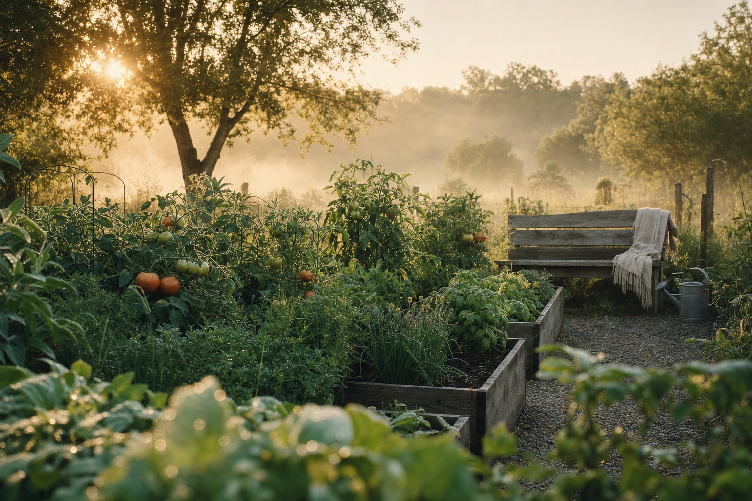 Peaceful morning vegetable garden with raised beds in golden hour light