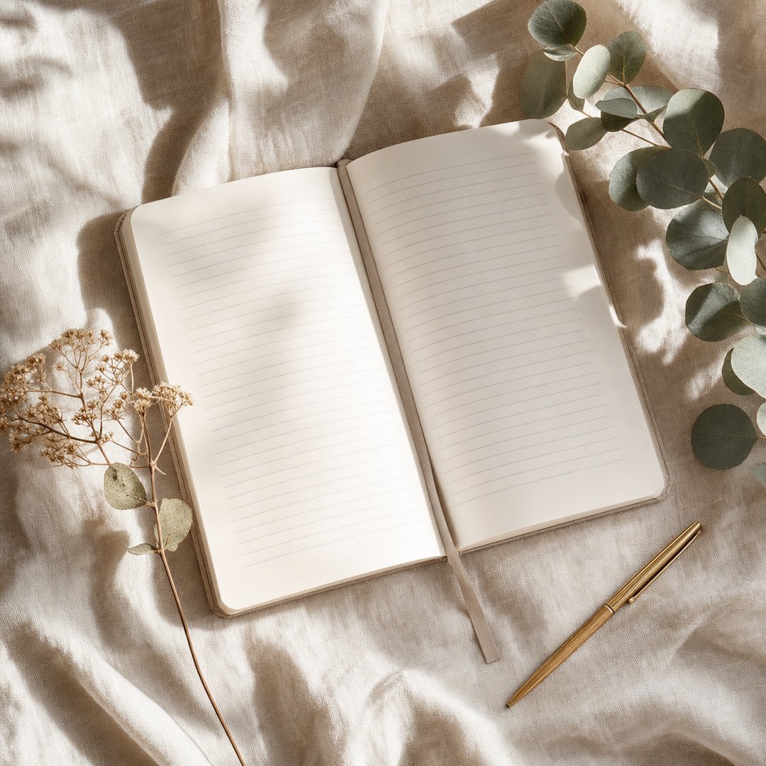 Open journal with gold pen and eucalyptus on ivory linen — Liv and Latrice