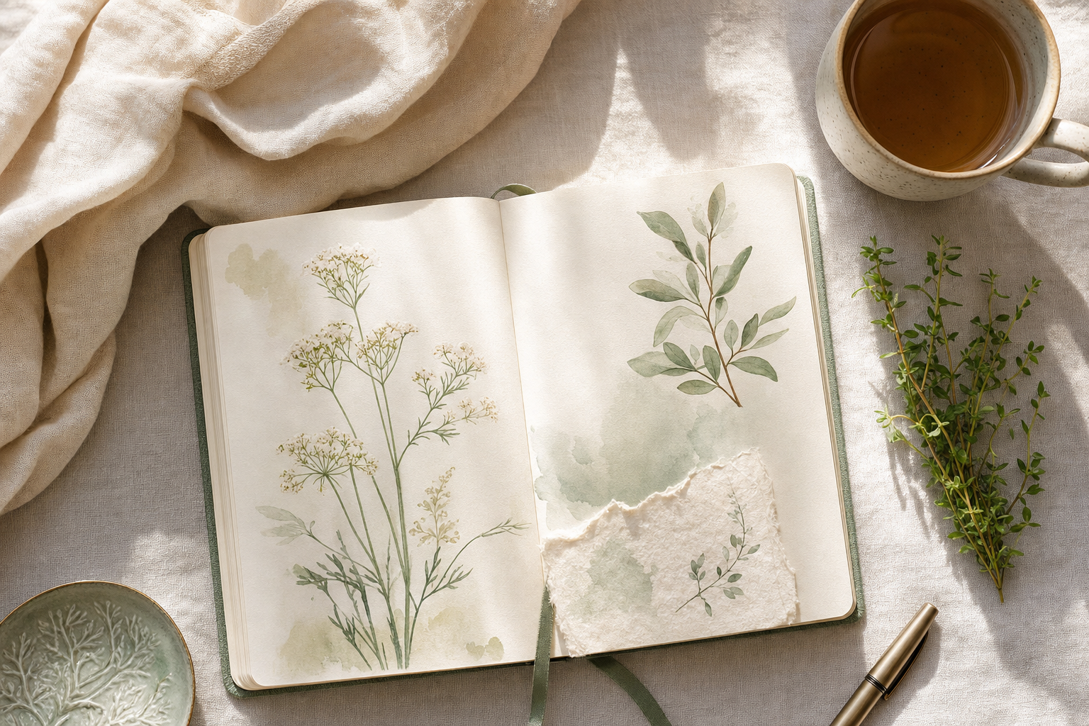 Open journal with botanical watercolor pages beside a cup of tea